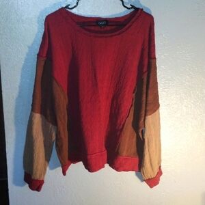 GiGio Color Block Textured Cotton Blend Top Burgundy Brown Tan M
